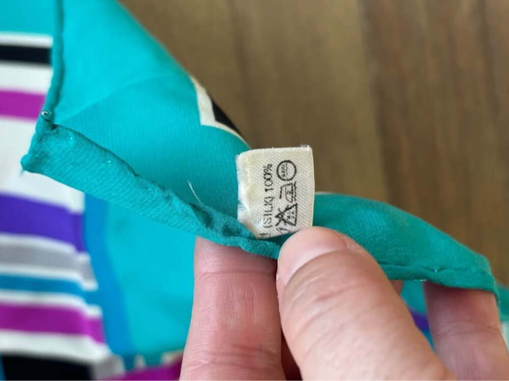 Vintage Juliana Ray 100% Silk Geometric Scarf | Teal Purple Abstract Mod - Picture 4 of 8